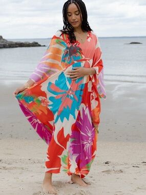 Nu Shuz Key West Bold Multicolor Coral Tropical Floral Maxi Kaftan Cover Dress